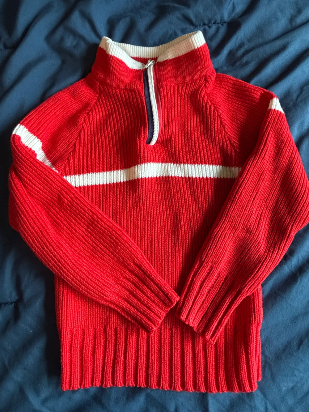 Vintage Obermeyer Red Ribbed Quarter-Zip Ski Sweater with White Stripe Size 2